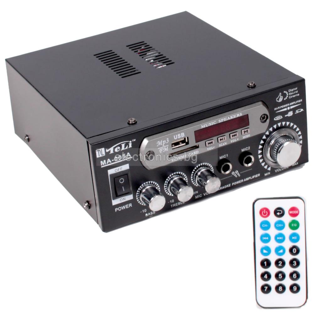 Усилвател TELI MA-005A USB/SD, FM радио, 2x30W, 2 микрофонни входа, цифров дисплей, дистанционно
