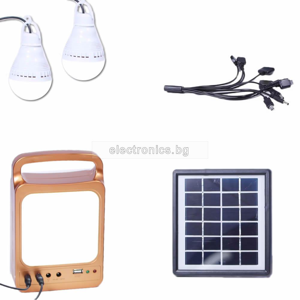 Соларен комплект за дейности на открито с фотоволтаичен панел + прожектор + 2 LED лампи + USB кабел с 10 накрайника