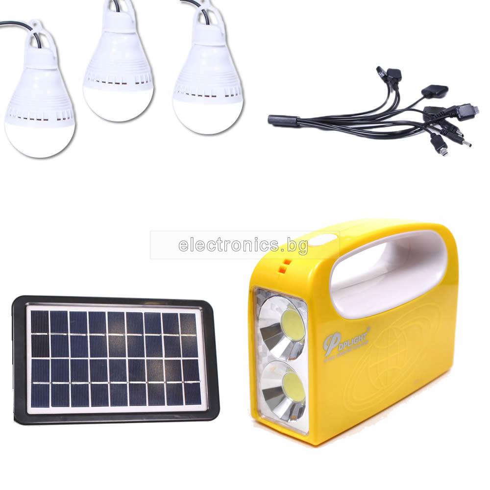 Автономен соларен комплект DP-6001B, фотоволтаичен панел 3.5W, 3 LED лампи по 3W, прожектор, вградена батерия, USB кабел с 10 накрайника, жълт