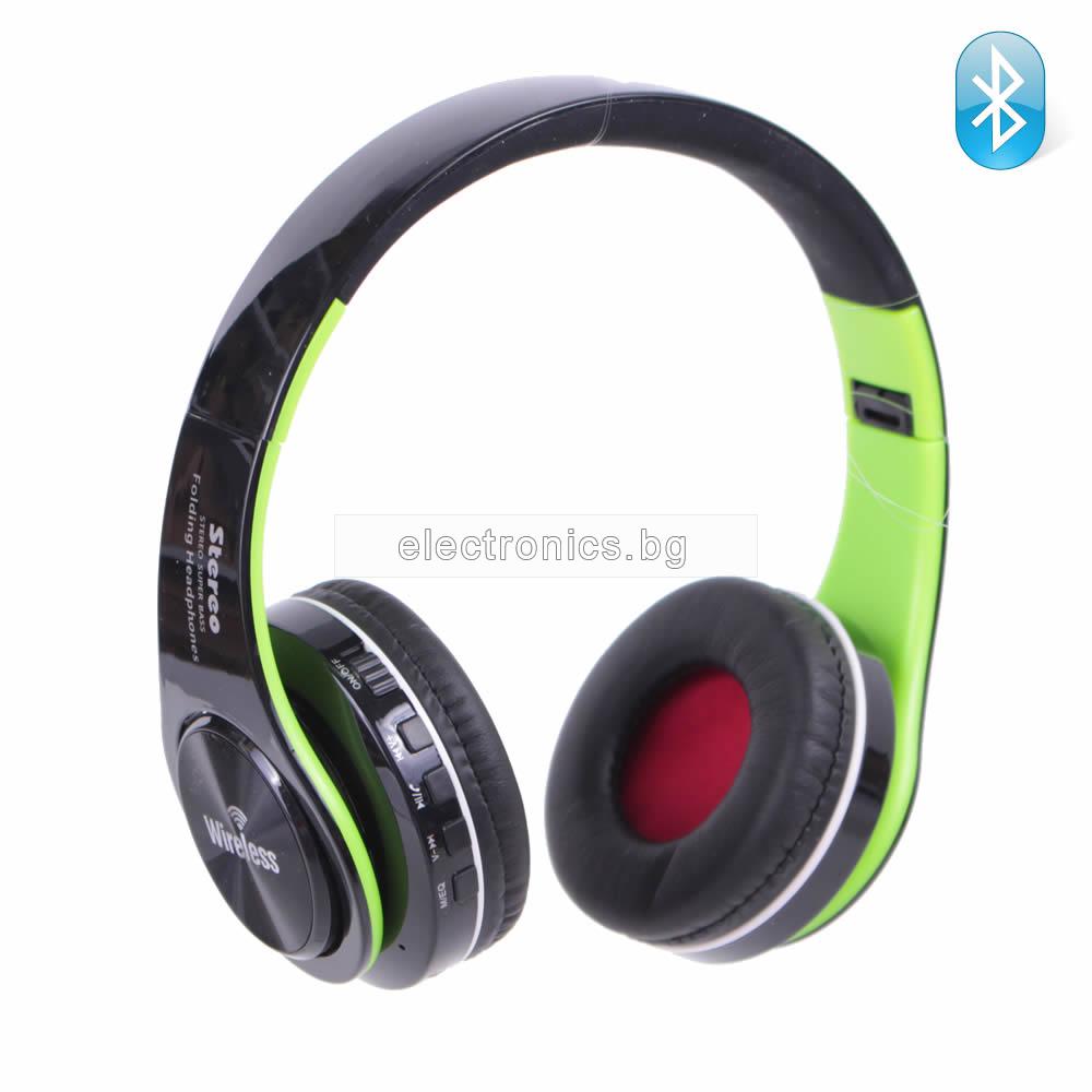 Безжични слушалки ST-421, Bluetooth, MP3 плеър, FM радио, micro SD вход, вграден микрофон, Черен / Зелен