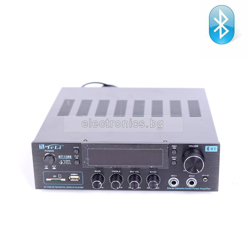 Усилвател TELI BT-1388 USB/ BT, FM радио Bluetooth, 2x40W, 2микрофонни входа, цифров дисплей, дистанционно
