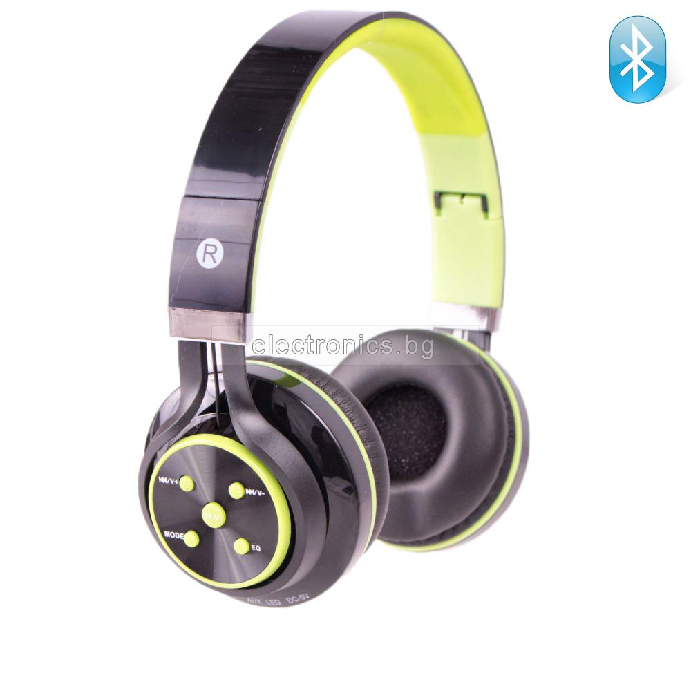 Безжични слушалки B-07, Bluetooth, MP3 плеър, FM радио, micro SD вход, вграден микрофон, Черен / Зелен
