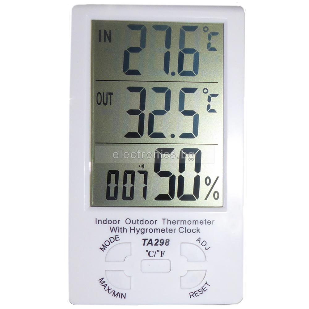 Стаен термометър TA298, Термометър вътрешна и външна температура, Влагомер, Часовник