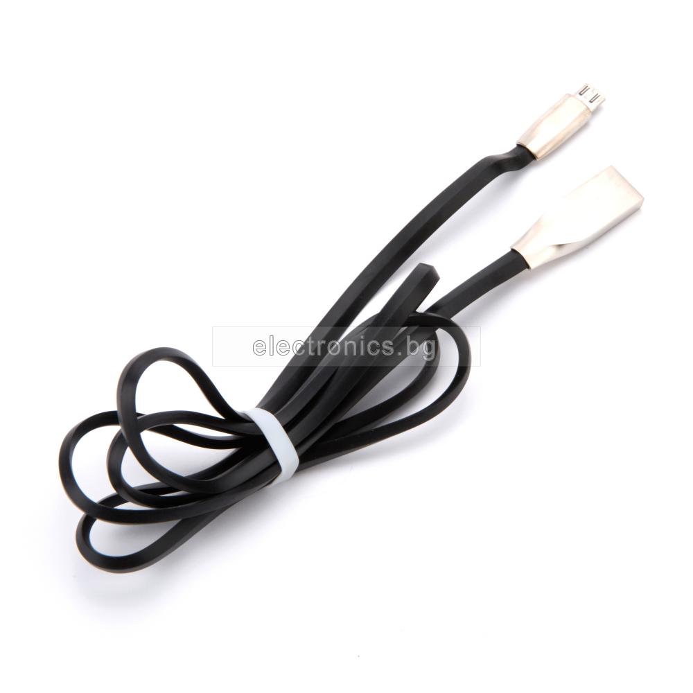 Кабел USB 2.0 A - Micro USB B, силиконов, лентов, метални конектори, високоскоростен, черен, 1 метър