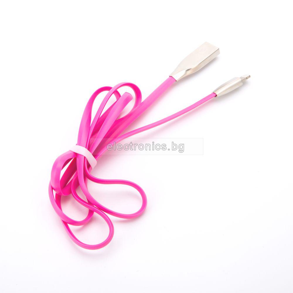Кабел Lightning за iPhone5/ iPhone6/ iPhone7, силиконов, лентов, метални конектори, високоскоростен, розов, 1 метър