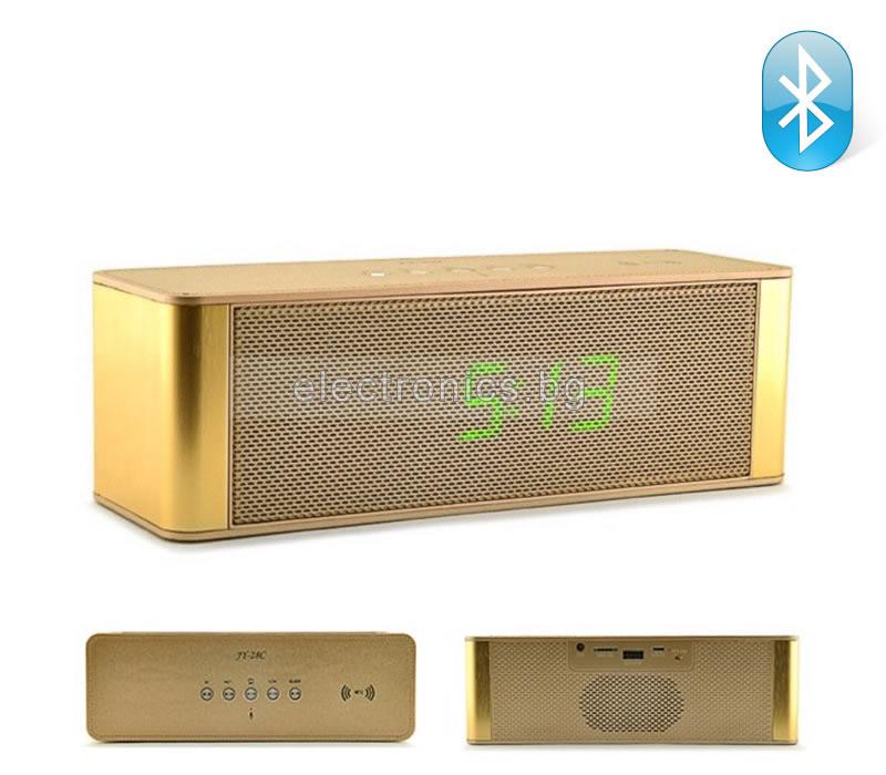 Bluetooth колонка с часовник и аларма JY-28C, FM радио, литиево-йонна батерия, слот за USB/micro SD card/AUX, златиста