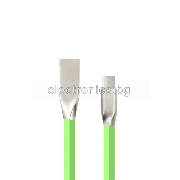 Кабел USB 2.0 A - Micro USB B, силиконов, лентов, метални конектори, високоскоростен, зелен, 1 метър