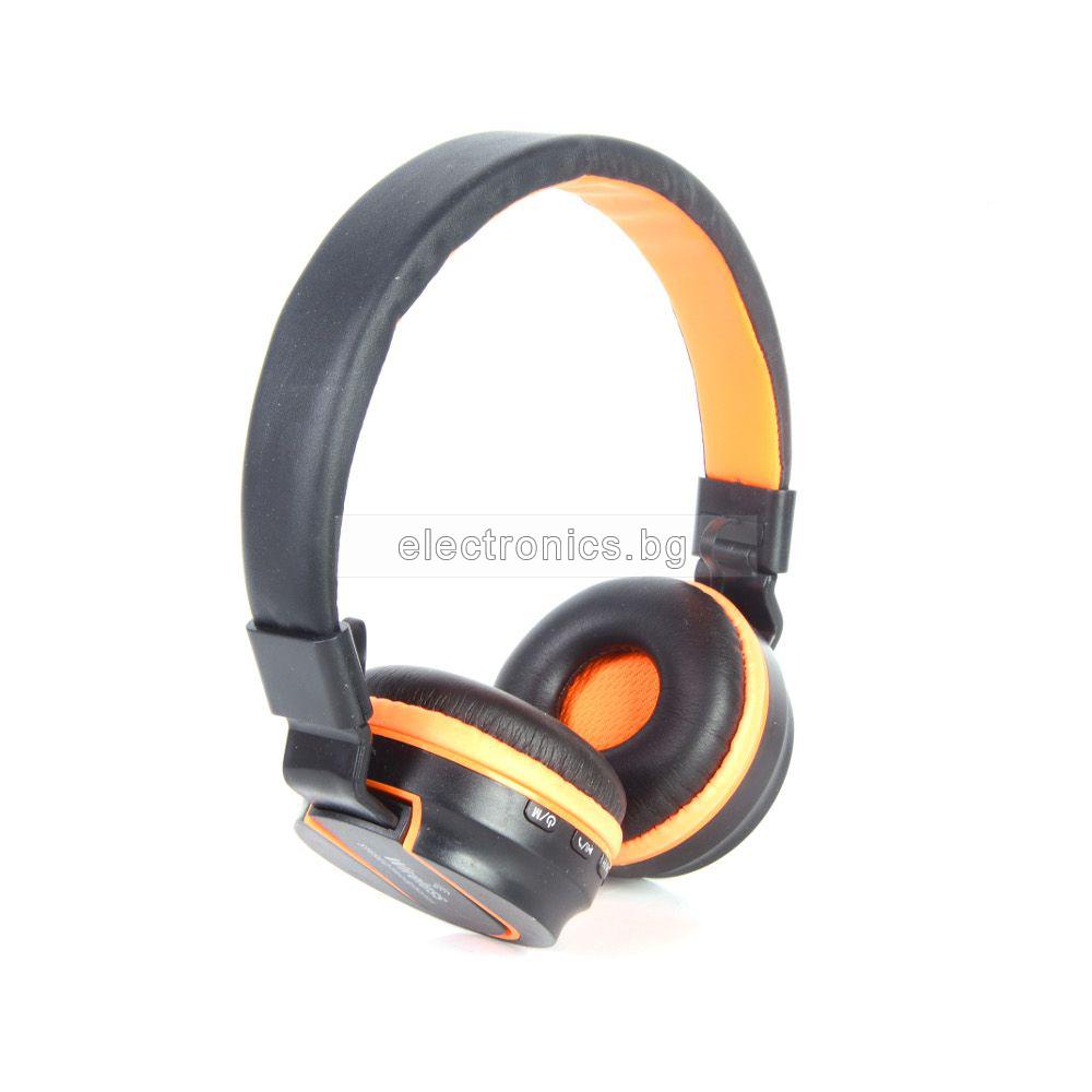 Безжични слушалки AZ-01, Bluetooth, MP3 плеър, FM радио, вграден микрофон, Черен/Оранжев