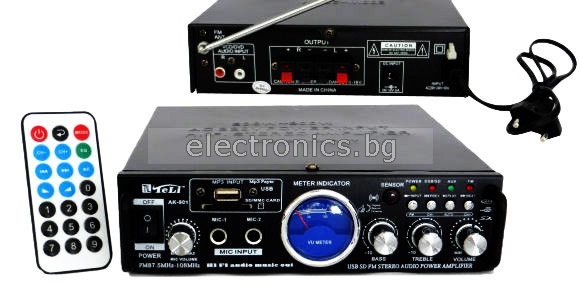 Усилвател  TELI AK-901 USB, FM радио, 2x30W, 2микрофонни входа, дистанционно