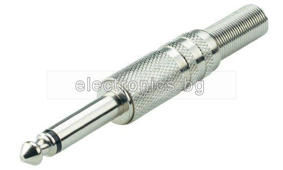 Конектор F-070, Mono jack 6.3mm мъжки, за монтаж към кабел, метален, сребрист
