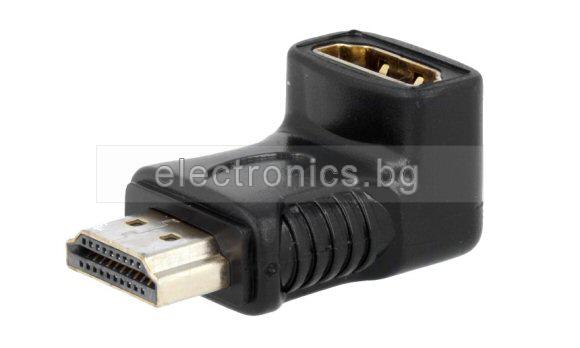 Конектор преход VC-010, HDMI женски към HDMI мъжки, позлатени конектори, ъглов, черен