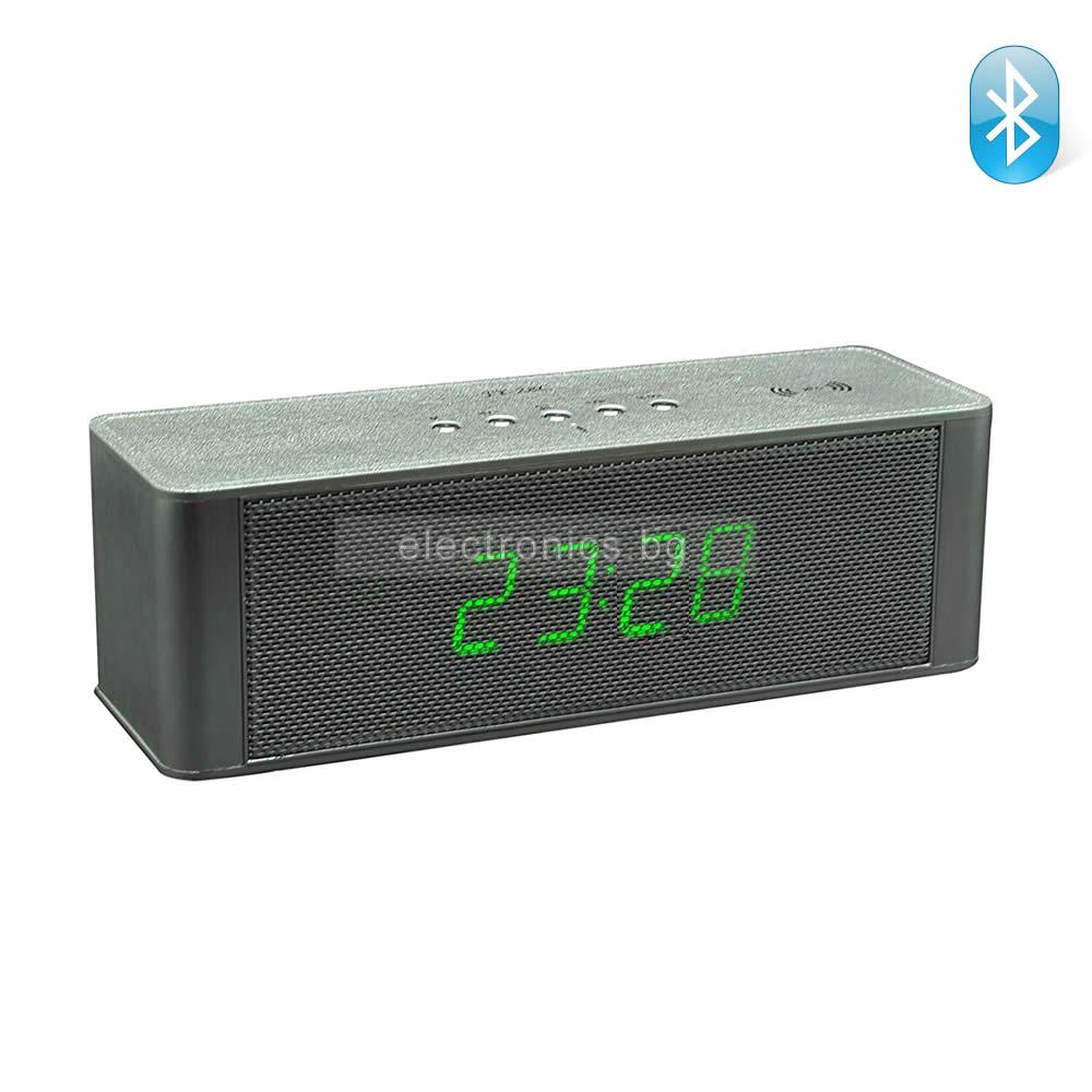 Bluetooth колонка с часовник и аларма JY-28C, FM радио, литиево-йонна батерия, слот за USB/micro SD card/AUX, тъмносива