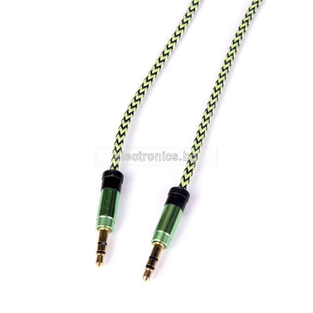Аудио кабел Stereo Jack 3.5mm, позлатени конектори, текстилен, зелен, 1 метър