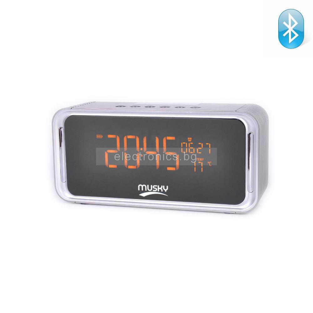 Bluetooth колонка DY-33, часовник, FM радио, литиево-йонна батерия, слот за USB/micro SD CARD/AUX, 10W, бяла
