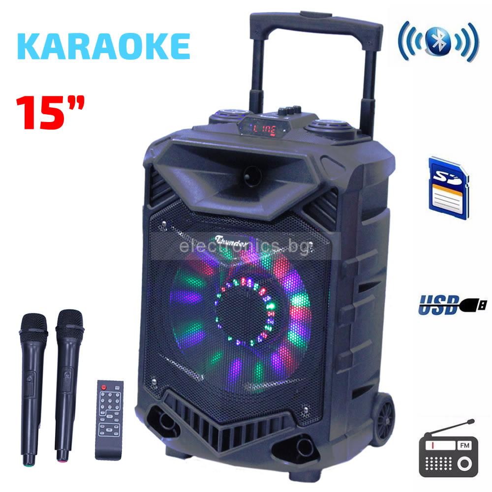 Караоке Тонколона 15 инча Thunder THS-B1502BTW, два безжични Микрофона, Цветомузика, Bluetooth, FM радио, USB, SD card player, акумулаторна батерия