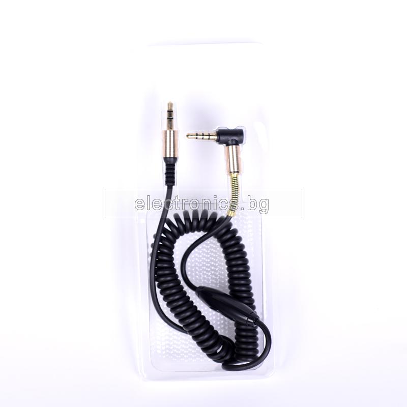 Аудио кабел Stereo Jack 3.5mm, 90 градуса, с микрофон, позлатени конектори, спираловиден, висококачествен, черен, 1 метър