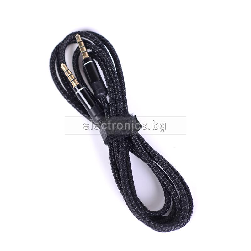 Аудио кабел Stereo Jack 3.5mm, позлатени конектори, текстилен, черен, 1 метър