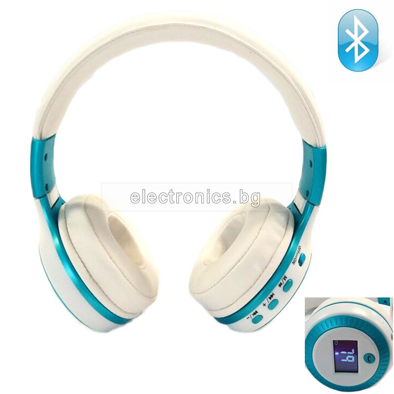 Безжични слушалки с Дисплей B19, Bluetooth, MP3 плеър, FM радио, micro SD вход, вграден микрофон, Бял/Син