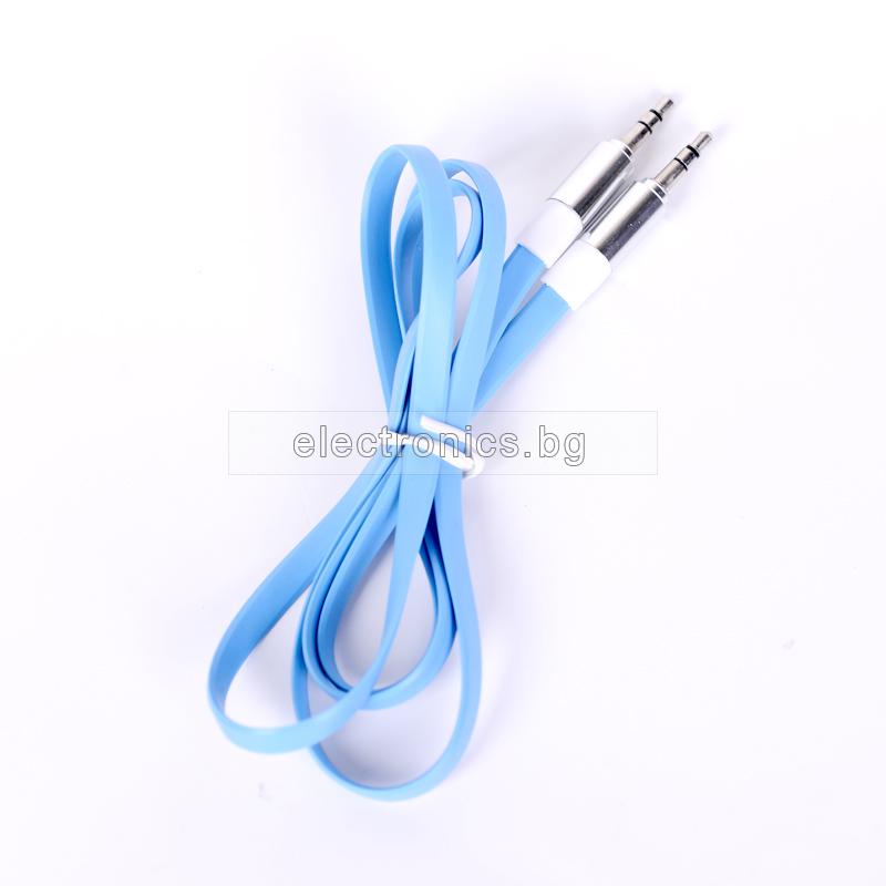 Аудио кабел Stereo Jack 3.5mm, метални конектори, лентов, силиконов, син, 1 метър