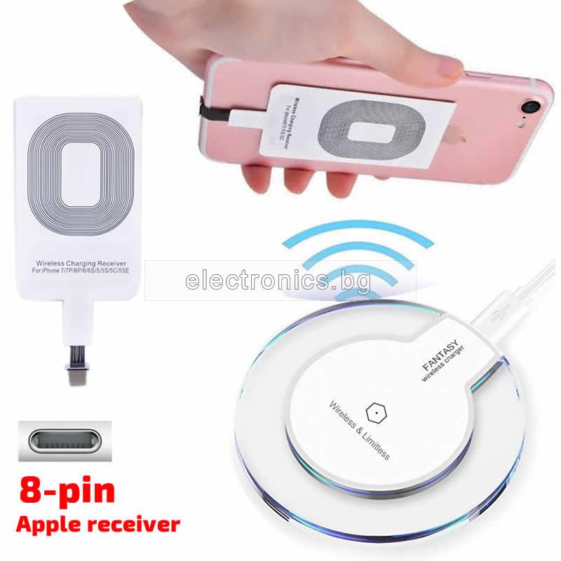 Комплект Безжично заряднo за телефон 10-3 White + Безжичен QI адаптор iPhone