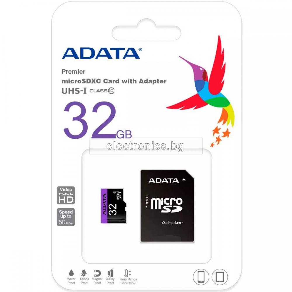 Карта Памет micro SDHC ADATA с SD адаптер, 32 GB, Class 10