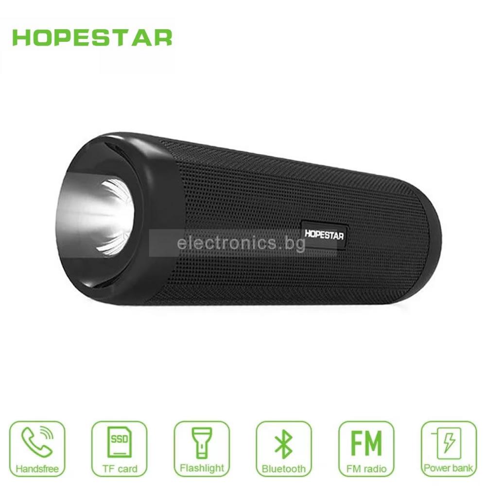 3-in-1 Bluetooth колонка HOPESTAR P4 + LED фенер + Power Bank, влагозащитена,USB/micro SD card/AUX,  FM радио, литиево-йонна батерия, черна