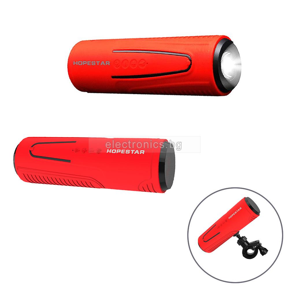 3-in-1 Bluetooth колонка HOPESTAR P3 + LED фенер + Power Bank, стойка за колело,  влагозащитена,  USB/micro SD card/AUX,  FM радио, литиево-йонна батерия, червена