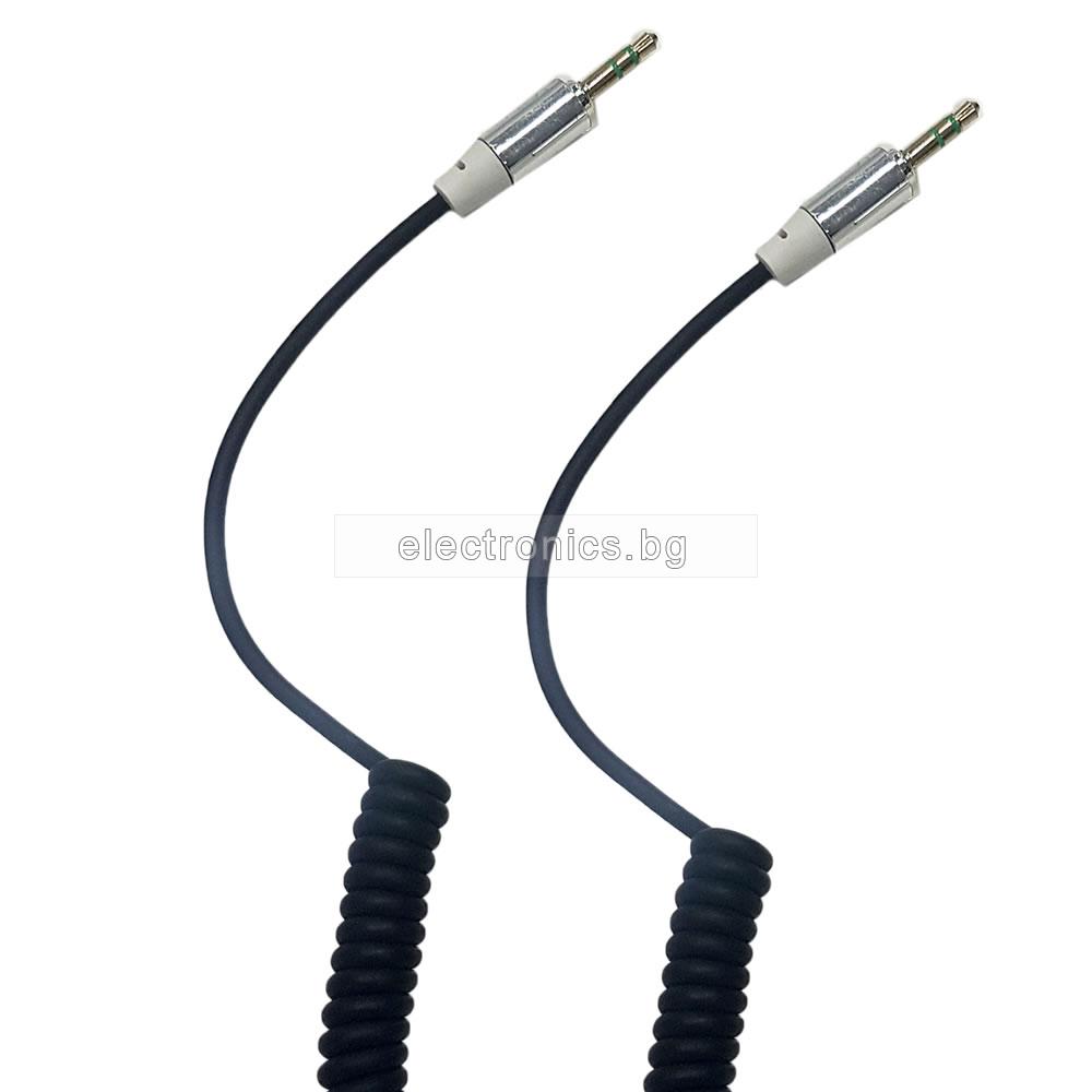 Аудио кабел Stereo Jack 3.5mm, спираловиден, черен, 1.5 метра разтегнат