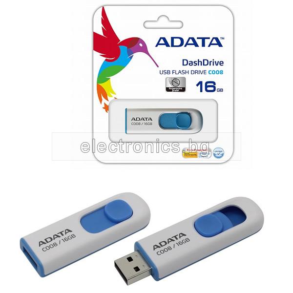 USB Флаш Памет C008 ADATA Flash Drive, 16 GB, USB 2.0 Флашка, Бяло/Синя