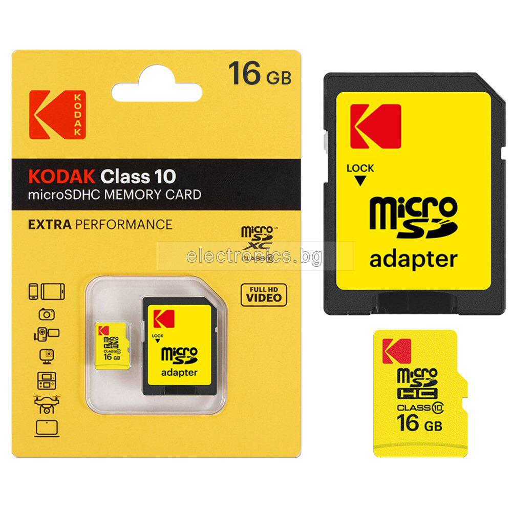 Карта Памет micro SDHC KODAK с SD адаптер, 16 GB, Class 10