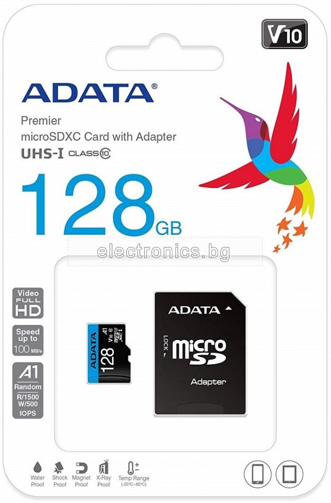 Карта Памет micro SDHC ADATA с SD адаптер, 128 GB, Class 10