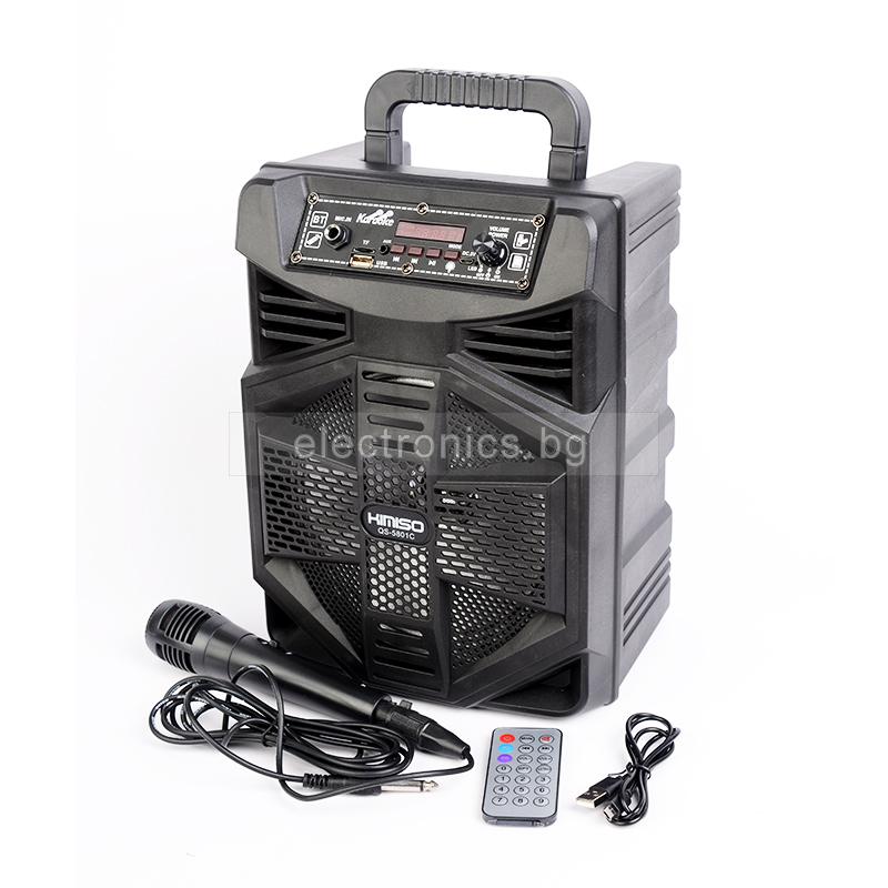 Караоке Тонколона 8\" QS-5801C, 1 жичен микрофон, Bluetooth, FM радио, micro SD/USB/AUX, Светлинни ефекти, черна