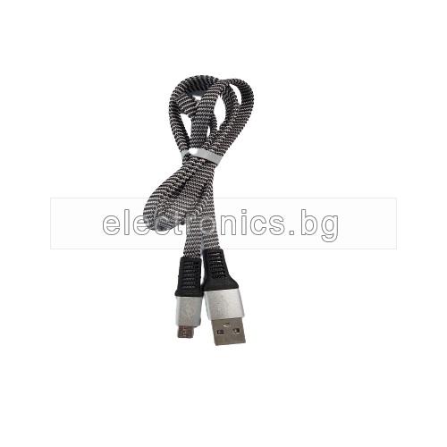 Кабел USB 2.0 A - Micro USB B, текстилен, лентов, високоскоростен, сив, 1 метър