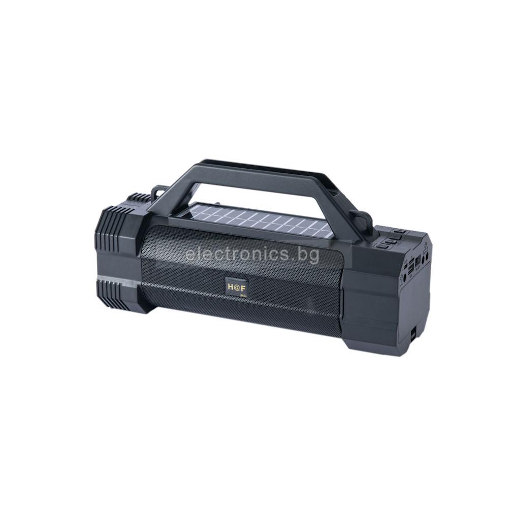 Bluetooth колонка HF-U40, Соларен панел, Фенер, LED, FM радио, литиево-йонна батерия, слот за USB/micro SD CARD, TWS функция, черна