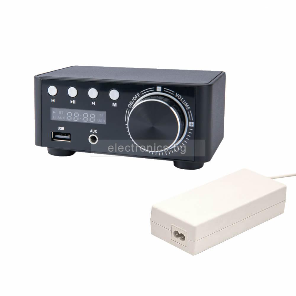 Усилвател GF01A и Захранване 19V/3.42A, 2 канала, Bluetooth, USB, micro SD, AUX, 2x68 W, черен