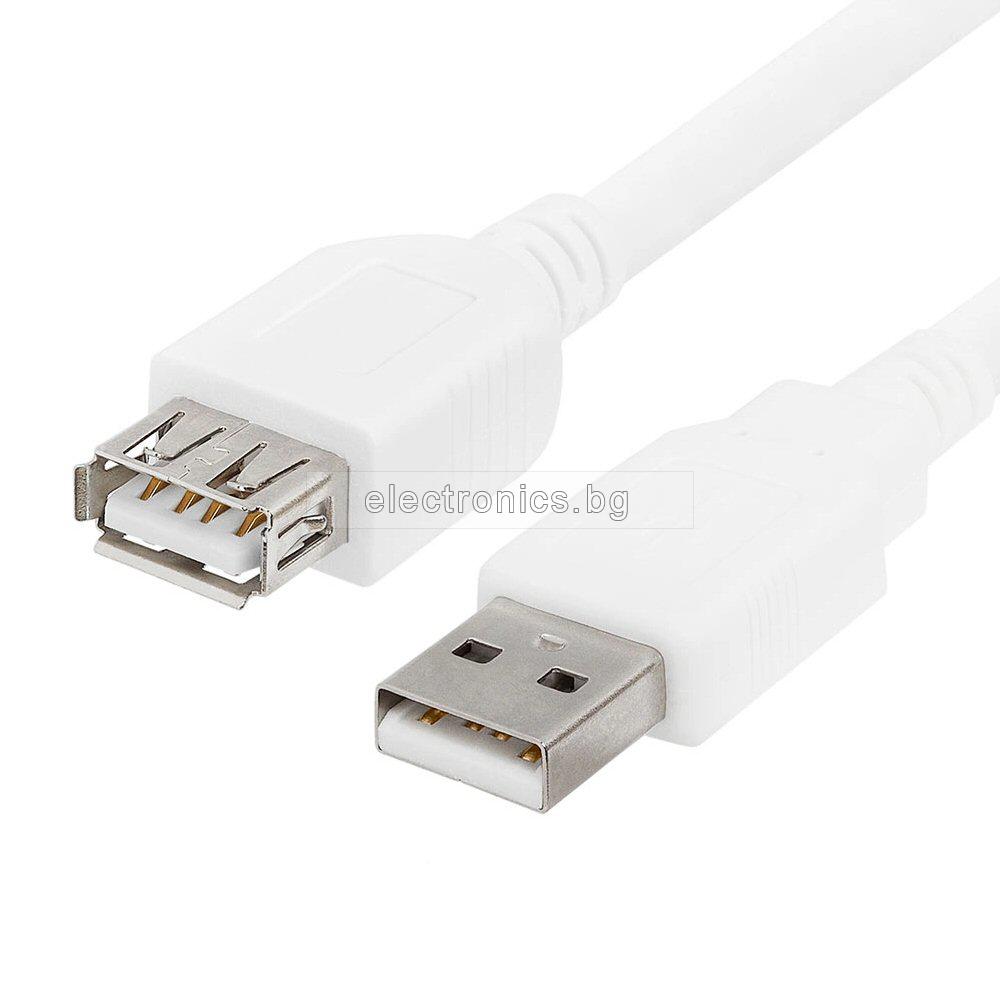 Кабел USB 2.0 удължител,  USB A мъжки - USB A женски, бял, 1.8метра
