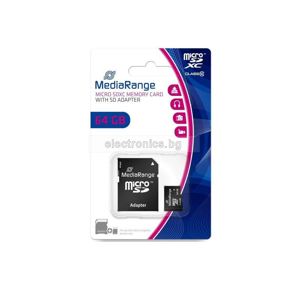 Карта Памет micro SDHC MEDIARANGE с SD адаптер, 64 GB, Class 10