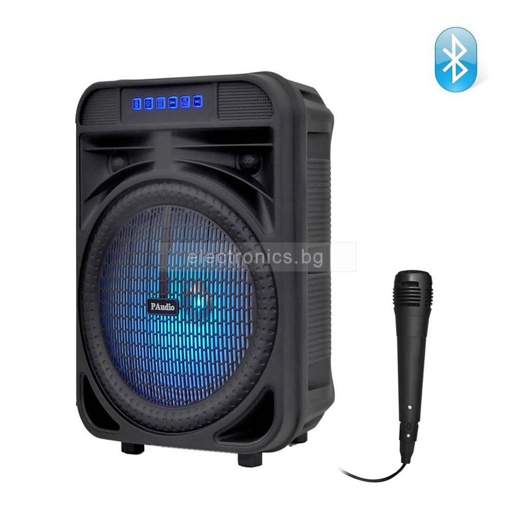 Караоке Тонколона 8 инча PAudio-82, Кабелен Микрофон, акумулаторна батерия, Bluetooth, TWS,  FM радио, USB, AUX, един Микрофонен вход