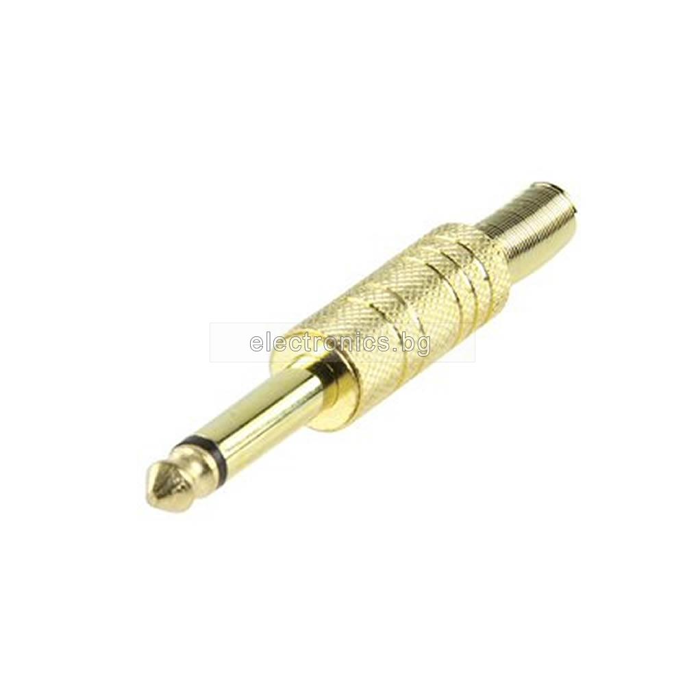 Конектор F-070, Mono jack 6.3mm мъжки, за монтаж към кабел, метален, златист