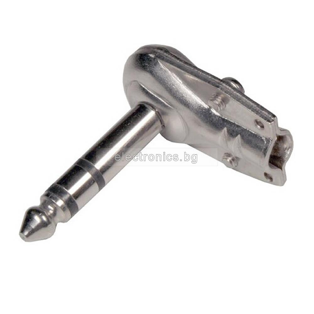 Конектор F-071 90DEG, Stereo jack 6.3mm мъжки, за монтаж към кабел, метален