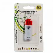 Четец за карти microSD/ SD/ SDHC/ MS Duo Pro, Card Reader USB 2.0, HFS 15 in 1, Червен