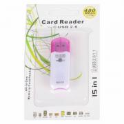 Четец за карти microSD/ SD/ SDHC/ MS Duo Pro, Card Reader USB 2.0, HFS 15 in 1, Лилав